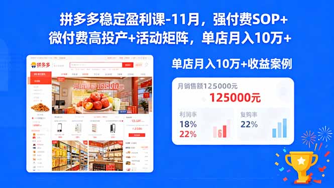 拼多多稳定盈利课-11月，强付费SOP+微付费高投产+活动矩阵，单店月入10w+-摇钱树
